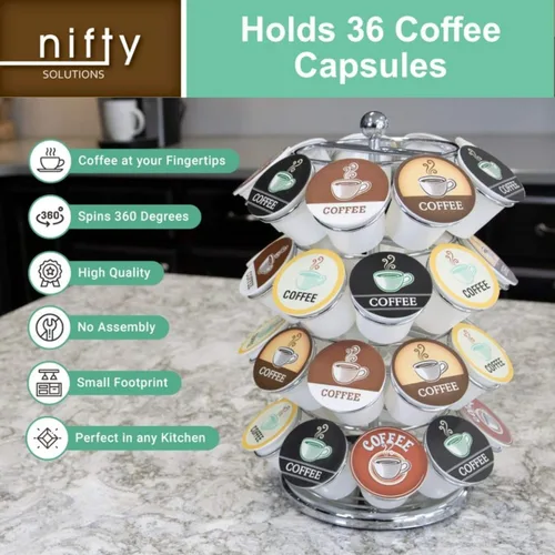 Miniatura 4 de Nifty – Carrusel para cápsulas de café, gira 360 grados, tabla giratoria, organizador de encimera para oficina o cocina Cromo
