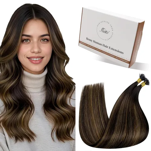 Miniatura 16 de Hetto Extensiones de cabello humano con nano cuentas, balayage, extensiones de cabello humano, color negro degradado a plateado, extensiones