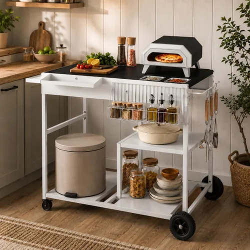 SUNLEI Organizador de almacenamiento de cocina con cesta de especias, isla de cocina sobre ruedas con soporte para toallas de papel, ruedas