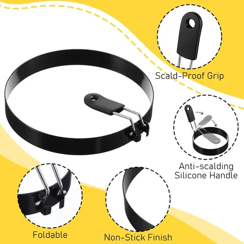 Miniatura 3 de Juego de 8 anillos de huevo de 3.5 pulgadas, molde para panqueques de 6 pulgadas con mango de silicona, anillo de huevo para panqueques, moldes