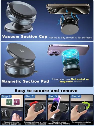 Miniatura 8 de Soporte magnético de teléfono con succión al vacío, soporte magnético para teléfono para iPhone 16 MagSafe, ideal para pantalla de automóvil, Negro