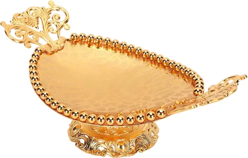 Bandeja de servir grabada vintage, elipse decorativa de aleación, 3.3x9.4 in, dorado