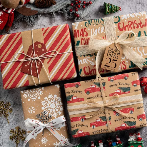 Miniatura 2 de RUSPEPA Papel de regalo, papel kraft – Copos de nieve, coche y árbol de Navidad, rayas y Feliz Navidad – 4 rollos – 30 pulgadas x 10 pies por rollo