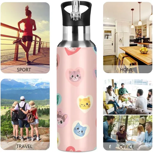Miniatura 5 de Cute Cartoon Cat Stainless Steel Water Bottle 32 Oz, BPA-Free Sports Water Bottle with Straw Leakproof Water Bottles