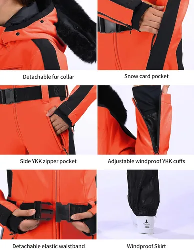 Miniatura 15 de GSOU SNOW Traje de esquí para mujer, traje de nieve de una pieza, para snowboard, delgado, aislante, impermeable, resistente al viento