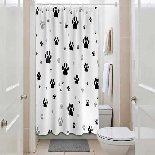 Miniatura 3 de Cortina de ducha con estampado de patas, perro y gato, decoración divertida de baño para niños, tela impermeable con ganchos