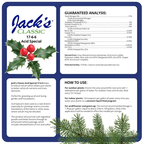 Miniatura 2 de Jack's Classic Fertilizante soluble en agua especial ácido 17-6-6 con micronutrientes para promover el crecimiento vegetativo y floraciones
