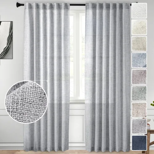 Miniatura 19 de Cortinas de lino 92 pulgadas de largo, juego de 2 paneles con bolsillo para barra, lengüeta trasera, cortinas transparentes para ventanas