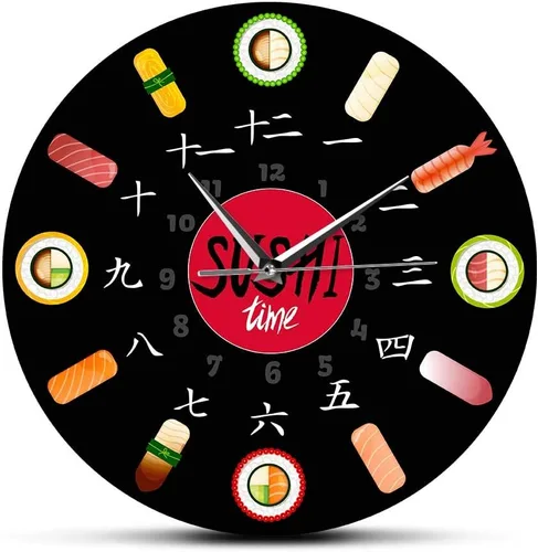 The Geeky Days Sushi Time Silent Reloj de pared de cuarzo minimalista Cocina Decorativo Japonés Comida Arte de pared Reloj sin tictac para