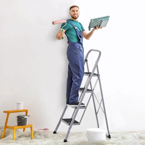 Miniatura 8 de JungleA Escalera de Tijera, Escalera Plegable de 4 Escalones para Adultos, con Pedal Antideslizante Ancho, Capacidad de Carga de 330 libras, Gris