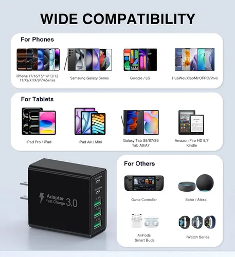 Miniatura 4 de [Paquete de 2] Cargador de pared USB C, bloque de cargador USB C de 50 W, bloques de carga rápida PD de 5 puertos, 2USB C + 3USB A enchufe