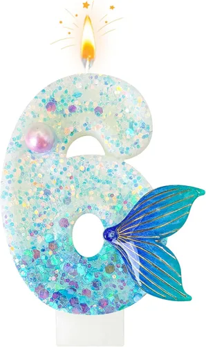 Miniatura 14 de Vela de sirena número 3, decoración de pastel de cola de sirena azul para decoración de fiesta de cumpleaños y aniversario de niñas (número 3)