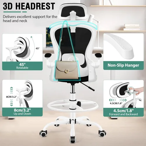 Miniatura 6 de Silla de Dibujo, Silla de Oficina Alta con Soporte Lumbar y para la Cabeza 3D, Silla Ergonómica de Malla para Escritorio de Pie con Anillo Blanco