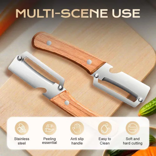 Miniatura 2 de Pelador de verduras con mango de madera, pelador de frutas multifuncional para cocina, pelador de cuchillas de acero inoxidable con abridor de (3pc)