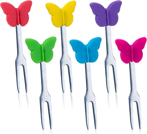 Tenedores de cóctel, 6 tenedores de aperitivos, mariposas, tenedores pequeños de acero inoxidable y silicona para frutas, queso, aperitivos