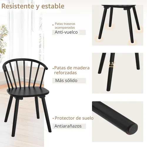 Miniatura 5 de LUE BONA Juego de 4 Sillas de Comedor Negras, Sillas de Comedor de Madera Estilo Granja con Respaldo Semicircular, Silla de Comedor de Husillo