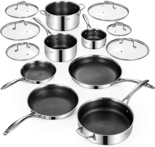 Deluxe Juego de utensilios de cocina de acero inoxidable antiadherente de cerámica híbrida de 13 piezas, juego de 5 sartenes, juego de 6 ollas,