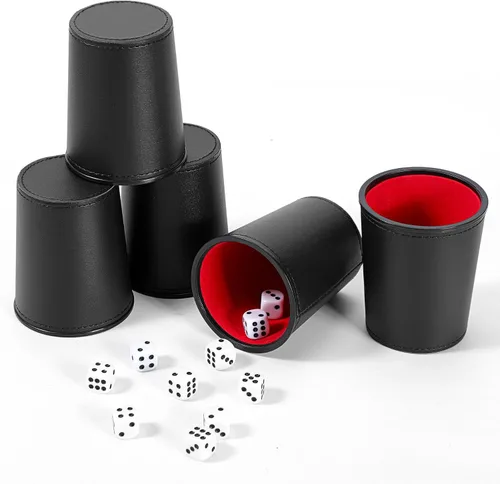 Miniatura 11 de Juego de tazas de cuero para dados, 5 tazas de dados negros + 25 dados + funda exclusiva de almacenamiento y transporte hecha de piel sintética
