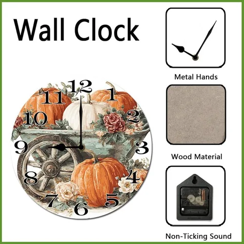 Miniatura 3 de Reloj colgante de madera con parche de calabaza, reloj de pared redondo de madera, silencioso, sin tictac, funciona con pilas, números arábigos