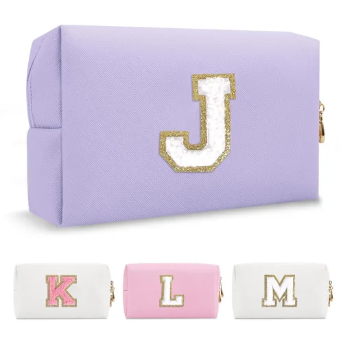 Miniatura 112 de Pequeña bolsa de maquillaje personalizada con inicial A-Z Preppy Patch, bolsa de cosméticos de viaje de felpilla blanca con cremallera, bonita bolsa