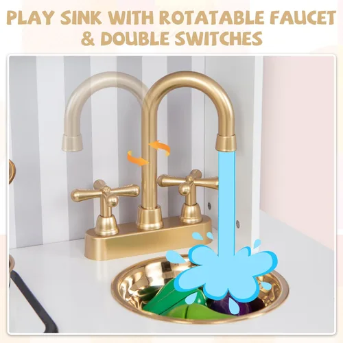 Miniatura 8 de Costzon Cocina de Juguete para Niños, Juego de Cocina de Madera con Estufas, Microondas, Pizarra, Dispensador de Agua, Accesorios de Cocina, Juego