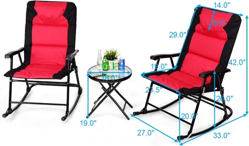 Miniatura 6 de RELAX4LIFE Bistro - Juego de 3 piezas con 2 mecedoras plegables y 1 mesa de cristal para balcón, sillas de patio al aire libre y juego de mesa (rojo)
