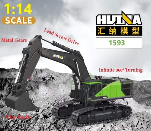 Miniatura 2 de Excavadora RC para adultos Huina 1593 Totalmente funcional Juguete 1:14 28 canales Control remoto Camión Construcción Vehículo Cubo Metal Luces LED