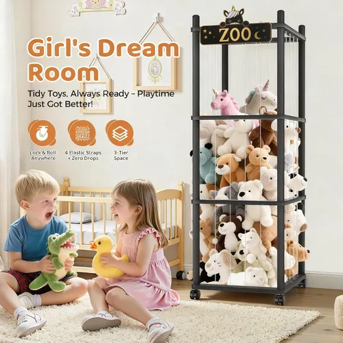 Miniatura 2 de Torre del zoológico de almacenamiento de animales de peluche, organizador grande de madera de 56 pulgadas con ruedas, almacenamiento de peluches