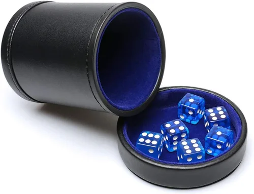 Taza de dados de piel sintética con tapa, vaso de terciopelo azul para interiores silenciosos, incluye 6 dados azules translúcidos para juegos de