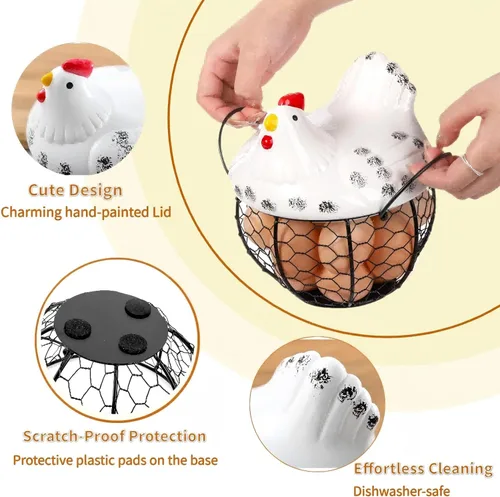 Miniatura 3 de AVLA Canasta de huevos de pollo, canastas de recolección de huevos de alambre negro con tapa de cerámica para recolectar huevos frescos, soporte