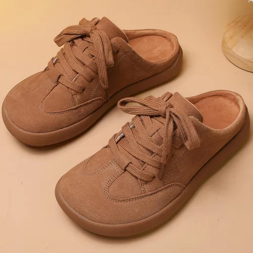 Miniatura 4 de UBFEN Pantuflas de piel de ante con soporte de arco para mujer, cómodas, para interiores y exteriores, con cordones