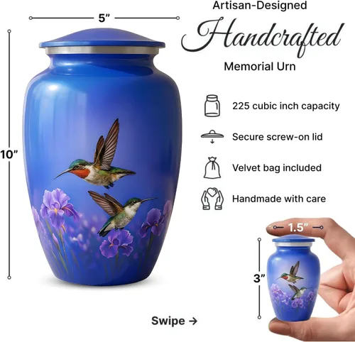 Miniatura 2 de Juego de 6 urnas funerarias decorativas de colibrí para cenizas de adultos hombres y mujeres, incluye 1 urna grande con 4 urnas conmemorativas
