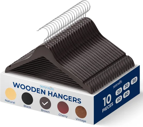Miniatura 11 de SereneLife Paquete de 30 perchas de madera resistente – Juego de perchas de madera maciza con gancho giratorio de 360°, barra para pantalones