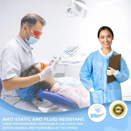 Miniatura 7 de Paquete de 10 abrigos de laboratorio desechables Abrigo de laboratorio duradero de 1.76 oz SMS hasta la rodilla, reutilizable, con puños