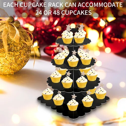 Miniatura 4 de Soporte redondo y cuadrado para cupcakes de 4 niveles, paquete de 2 soportes de cartón resistente para cupcakes 24/50 Pantalla negra para Negro