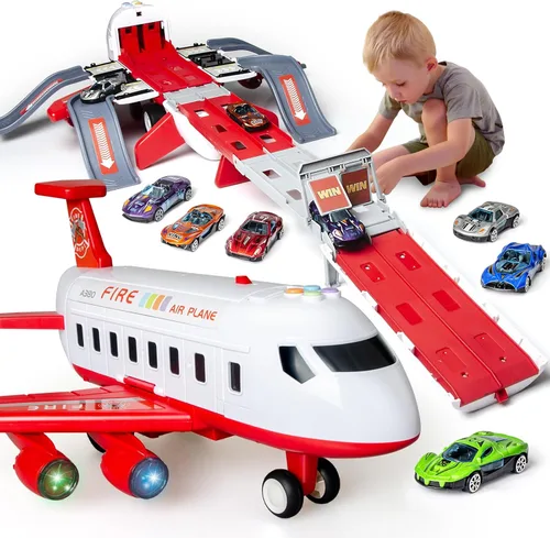 Juguete de avión con pista de carreras plegable de 4 capas, avión de transporte con 6 autos de carreras, luces LED y sonidos, juguetes para niños