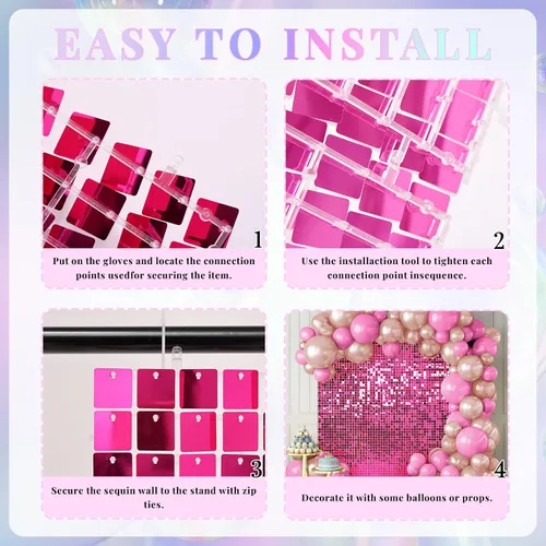 Miniatura 4 de Telón de fondo de pared brillante color rosa intenso, 12 piezas de lentejuelas cuadradas brillantes decoración de fondo de pared para fiesta
