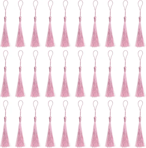 Miniatura 20 de VAPKER 30 borlas negras de 5.1 in/5 pulgadas, sedosas, hechas a mano, suaves, con lazo de cordón de 2 pulgadas para hacer joyas, proyectos
