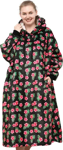 Miniatura 9 de Manta larga y cálida Sherpa con capucha y mangas de franela suave de gran tamaño para adultos de 47 pulgadas (negro)