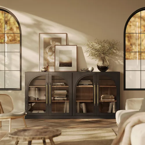 Miniatura 55 de BELLEZE Aparador Modular Acanalado Buffet con Almacenamiento, Mesa Consola Moderna de Mediados de Siglo con Puertas Arqueadas Simétricas, Elegante