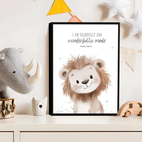 Miniatura 5 de Arte de pared enmarcado para guardería con versículo bíblico de animales en lienzo, arte de pared divertido y lindo de animales de safari, pintura