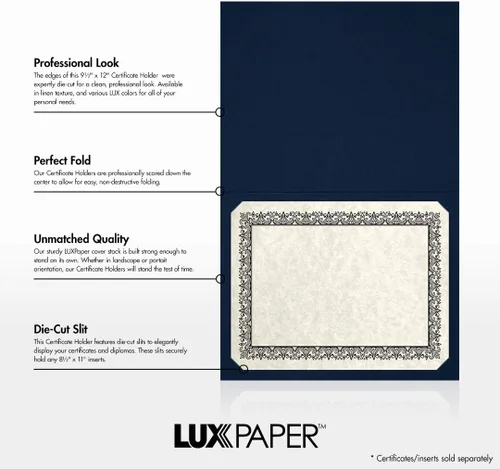 LUXPaper Porta certificados de 9.5 x 12 pulgadas, lino azul náutico, borde de lámina dorada en relieve, cubierta de 100 libras, 25 unidades