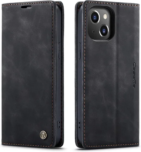 SINIANL Funda de cuero para iPhone 15: Funda tipo libro con función atril magnético, ranuras para tarjetas, funda protectora, color negro