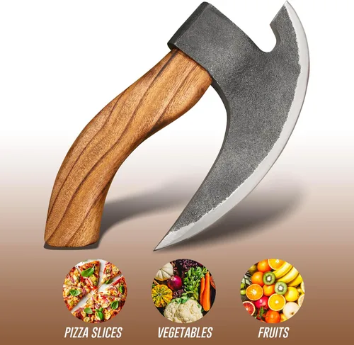 Miniatura 4 de Cortador de pizza vikingo hecho a mano Auténtica rebanadora de pizza medieval con mango de madera de ceniza y funda de cuero Herramientas
