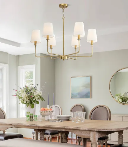 Miniatura 7 de Candelabro clásico de 6 luces con acabado dorado cepillado y pantallas de lino, base E12, lámpara rústica de techo para isla de cocina, comedor