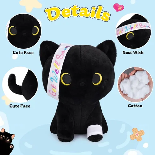 Miniatura 6 de Regalos para mujeres y niños, peluche de gato negro de 8 pulgadas, animales de peluche con texto en inglés "Get Well Soon", peluches de gato kawaii