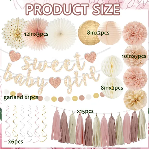 Miniatura 3 de Conjunto de decoraciones para baby shower de otoño en tonos champán-dorado y beige - Dulce cartel de Baby Girl, linternas de papel blanco