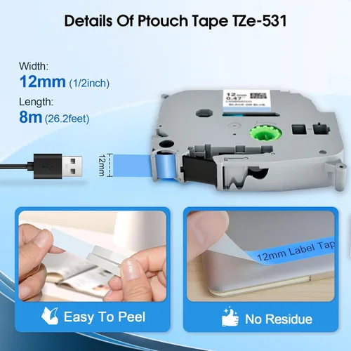 Miniatura 3 de Compatible con cinta azul P Touch TZe-531 TZe531 laminada 0.47 de 0.47 pulgadas, cinta azul de repuesto para Brother PT-D200 PT-D450, 1/2 pulgada x
