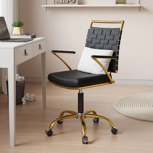 Miniatura 8 de Cómoda silla de oficina con respaldo medio, silla de escritorio de cuero dorado y negro con respaldo tejido y cojín grueso, silla giratoria