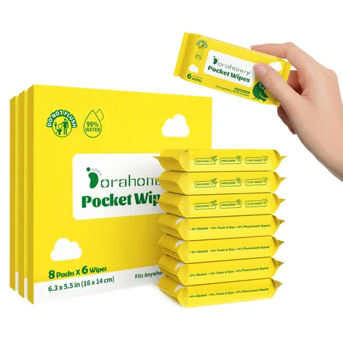 Miniatura 9 de Toallitas húmedas de viaje sin perfume, 99% de agua purificada para pieles sensibles, toallitas de bolsillo hipoalergénicas y sin plástico, 48